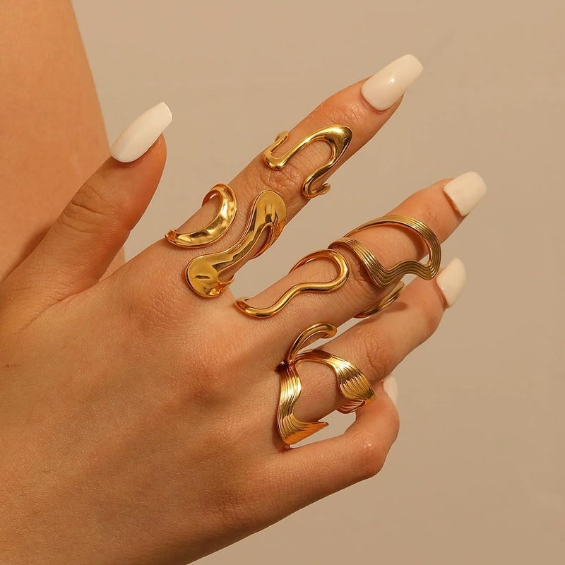 AiTURE Chunky Rings For Women, Gold Silver Thumb Ring Asymmetrical Wavy Curve Ring Adjustable Non Tarnish Dainty Stainless Steel New Year Anniversary Birthday Jewelry Gift - Image 2